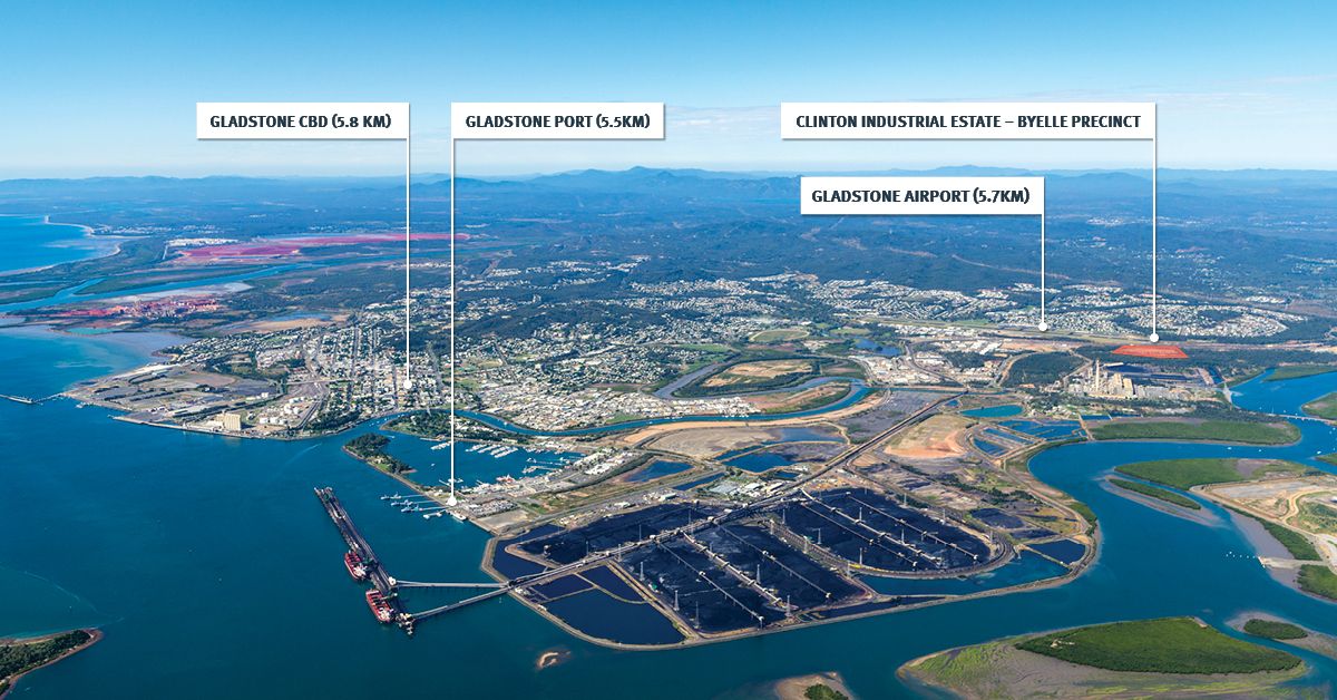 Aerial of Gladstone highlighting Clinton Industrial Estate and Points of Interest