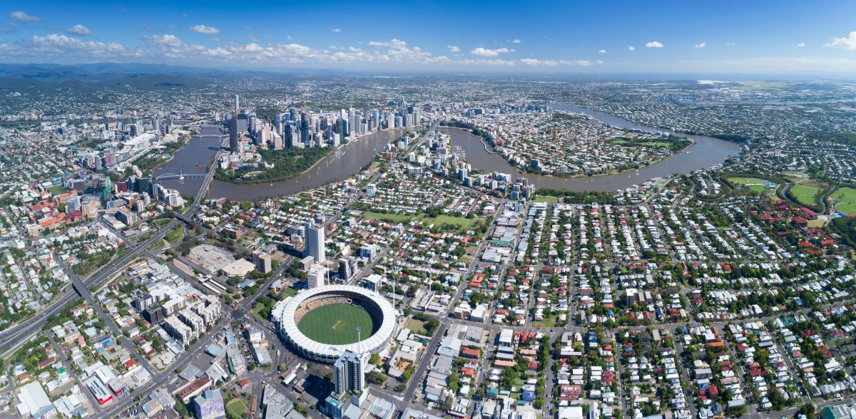 Aerial photo of Woolloongabba looking towards Brisbane city skyline