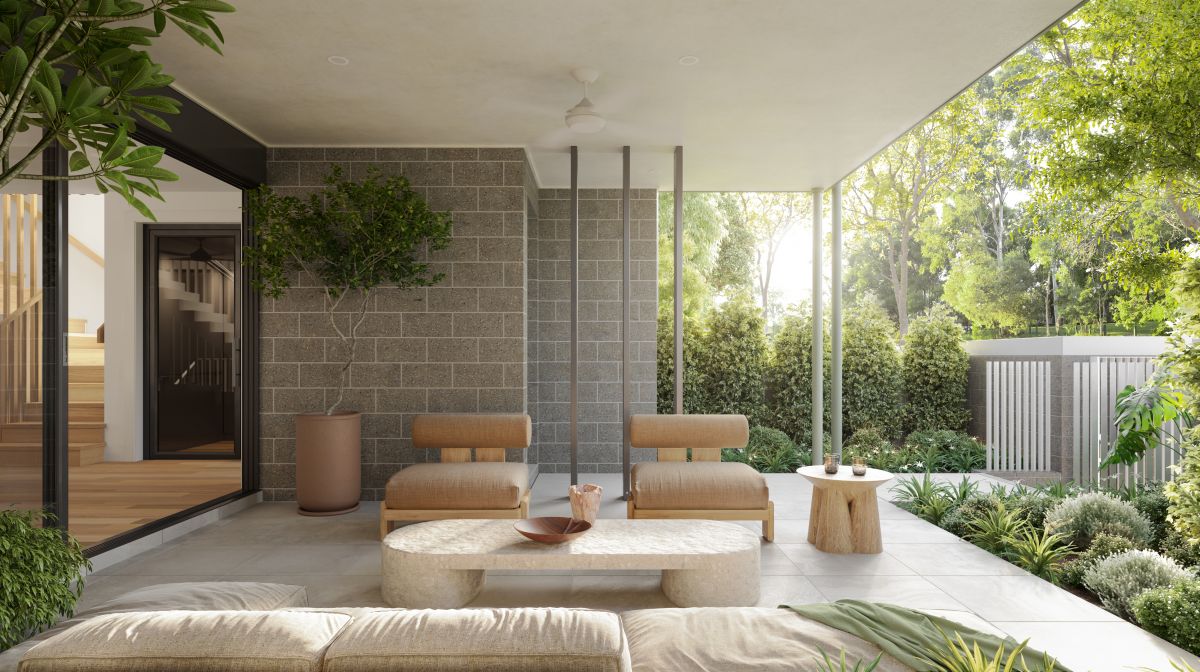 Artist impression of an outdoor patio with minimalist furniture and a green garden