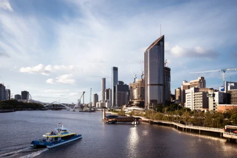 Brisbane City riverside CityCat approaching stop