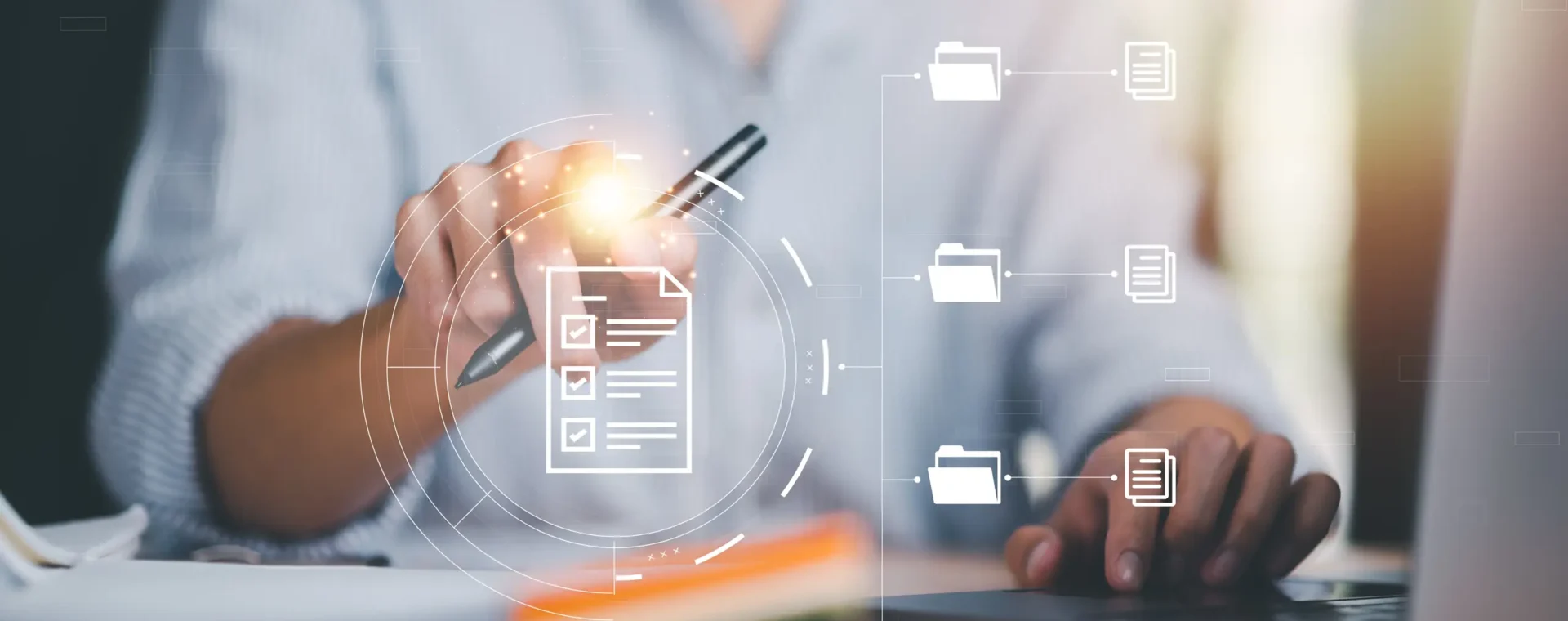 Individual interacting with digital icons