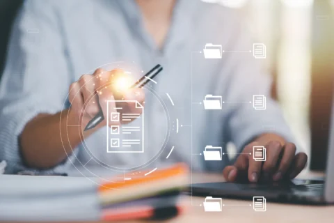 Individual interacting with digital icons