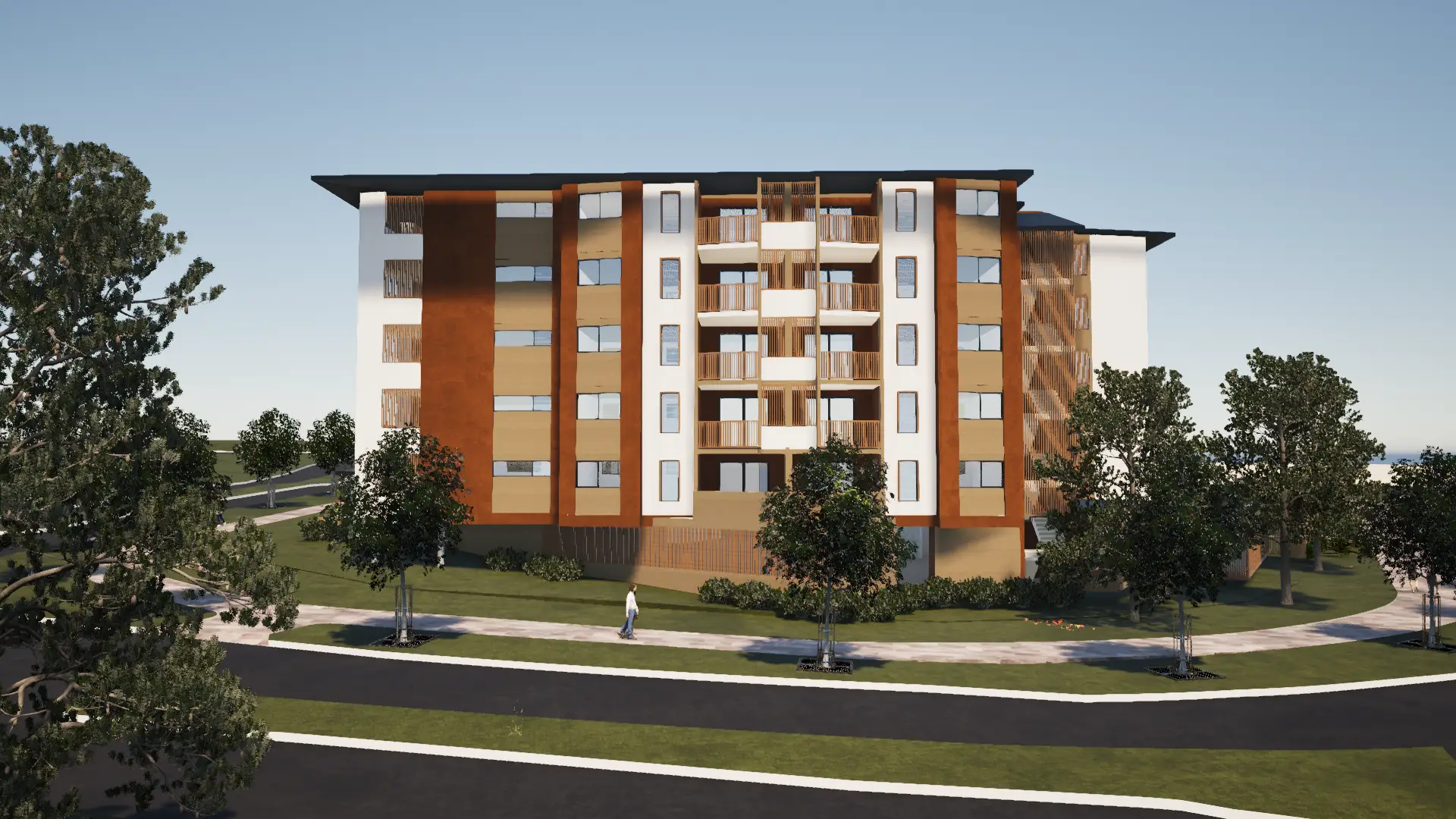 Artist's impression of a medium-density residential development at Mango Hill, featuring contemporary apartment buildings surrounded by landscaped greenery, shared open spaces