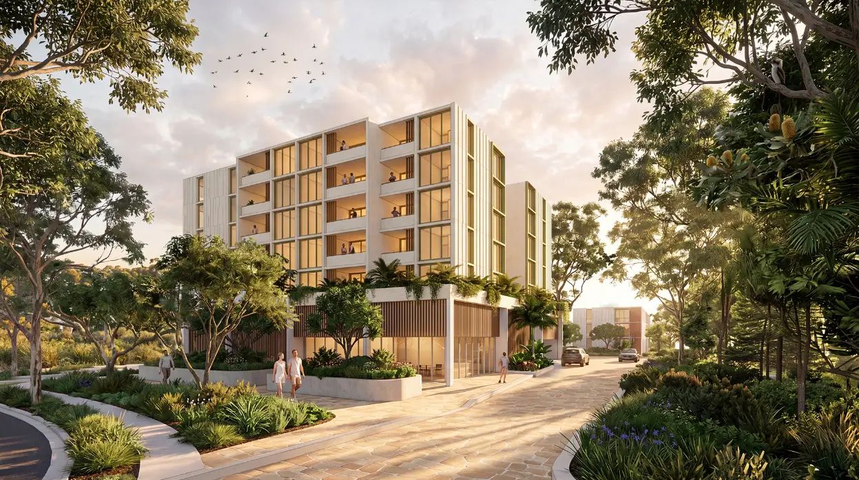 Artist's impression of a medium-density residential development at Varsity Lakes, featuring contemporary apartment buildings surrounded by landscaped greenery, shared open spaces and pedestrian walking paths that connect residents to outdoor recreational areas.