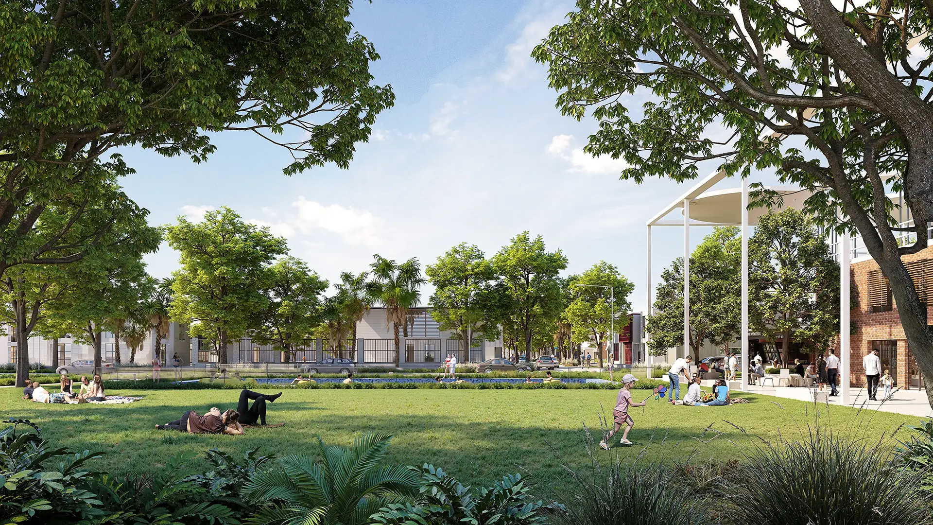 Artist’s impression of a shared landscaped lawn surrounded by low-rise buildings