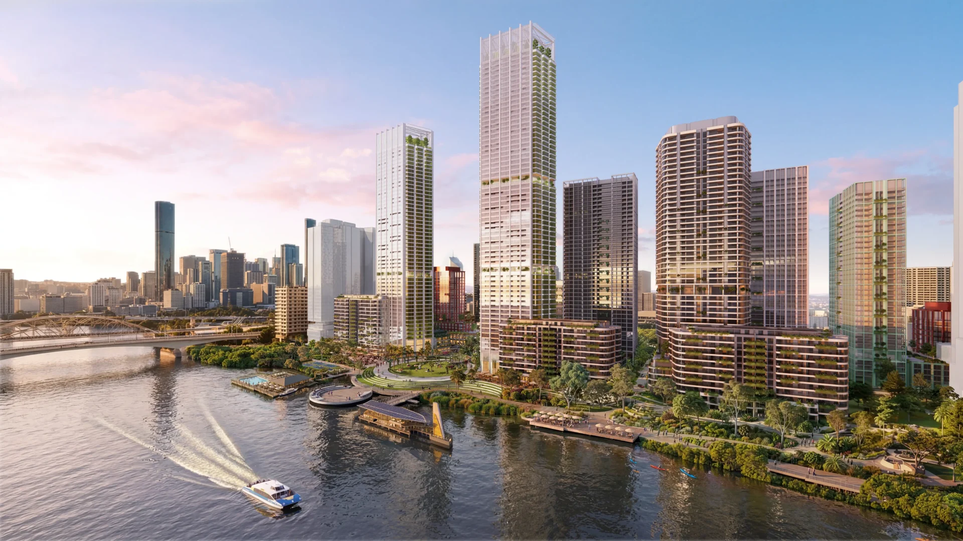 Montague Road precinct render showing multi-level buildings, landscaped green spaces and open areas