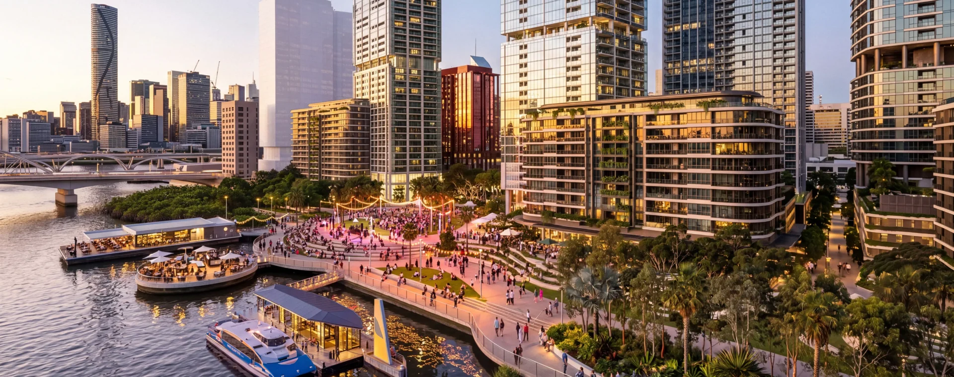 Montague Road precinct render at dusk showing multi-level buildings, landscaped green spaces and open areas with people dining and walking along pathways