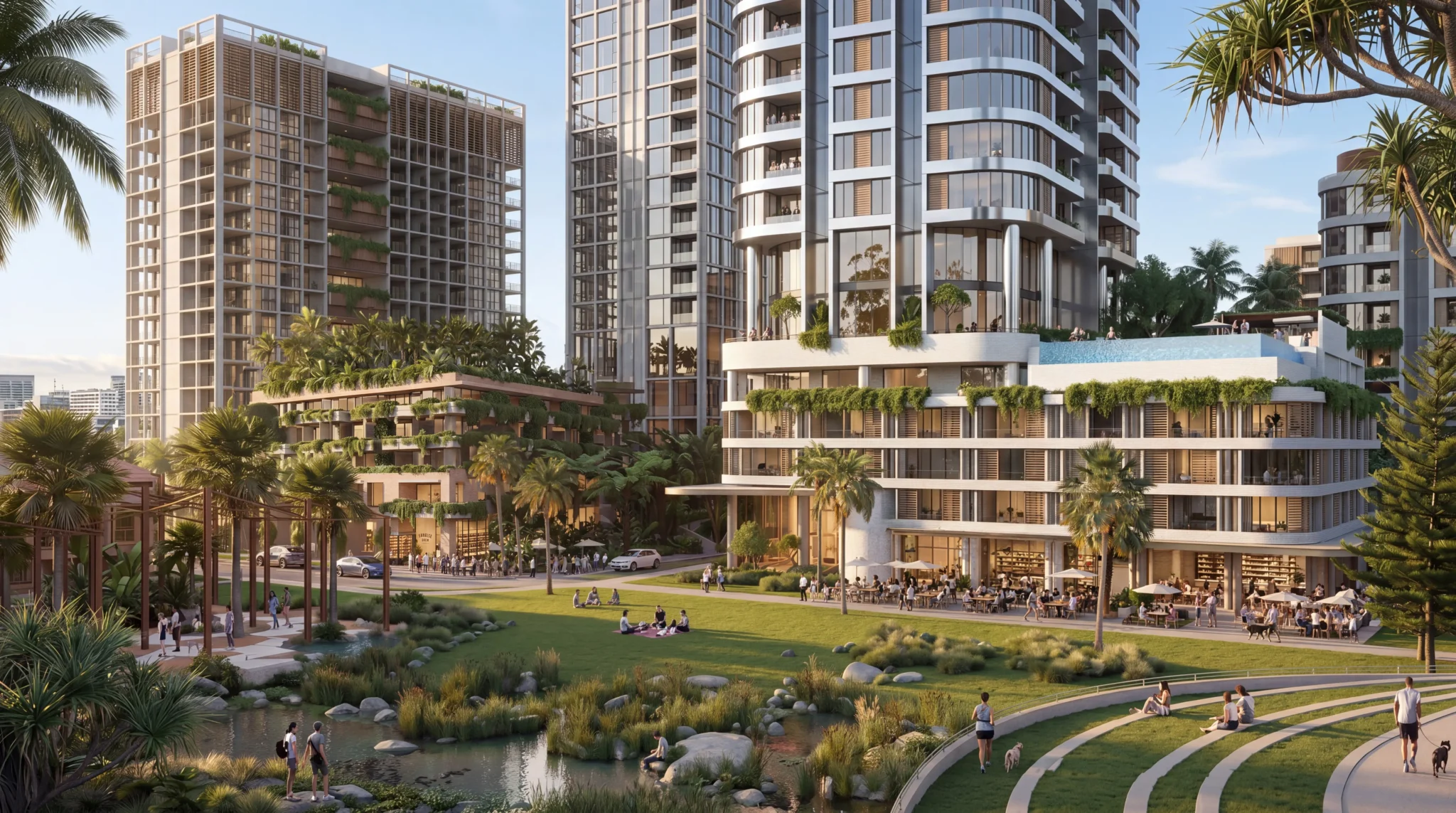 Montague Road precinct render showing multi-level buildings, landscaped green spaces and open areas with people dining and walking along pathways