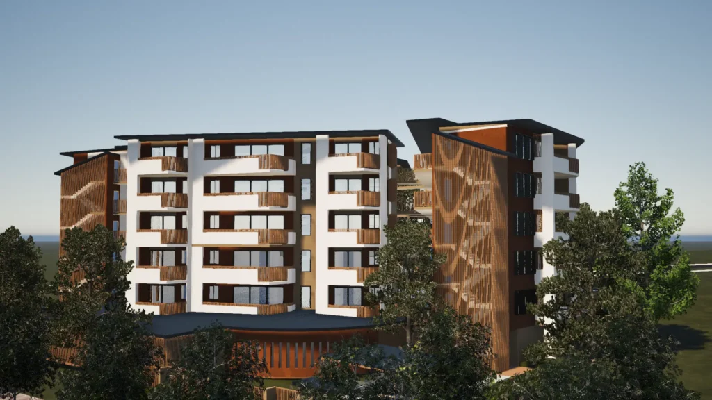 Artist's impression of a medium-density residential development at Mango Hill, featuring contemporary apartment buildings surrounded by landscaped greenery, shared open spaces