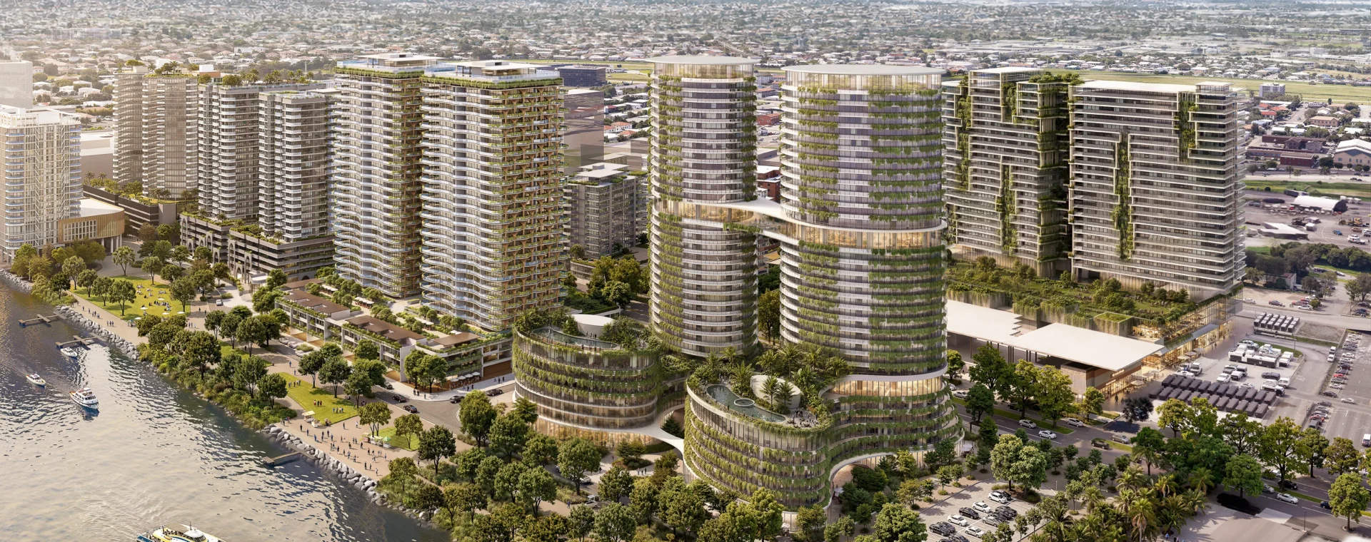 Aerial render of Northshore Hamilton with residential towers, green spaces and waterfront views.