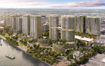 Aerial render of Northshore Hamilton with residential towers, green spaces and waterfront views.