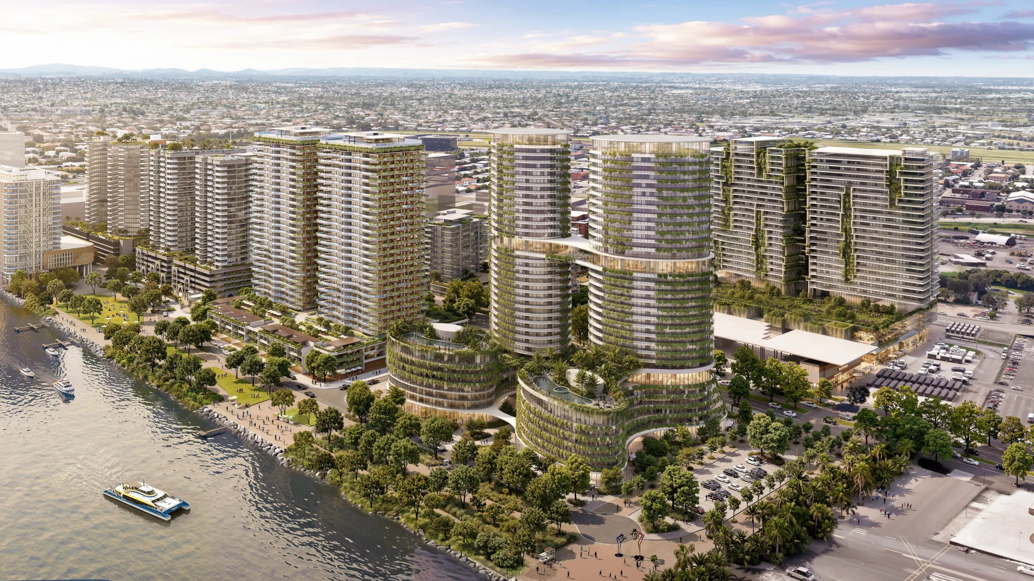 Aerial render of Northshore Hamilton with residential towers, green spaces and waterfront views.
