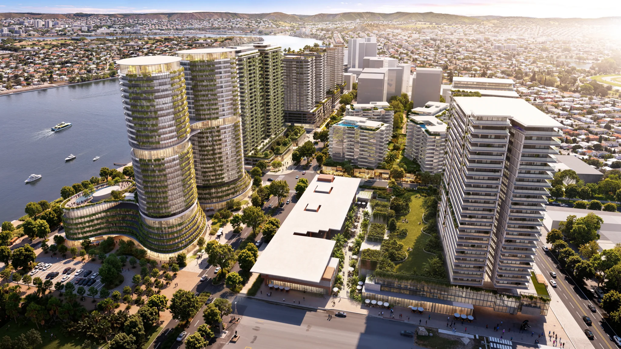 Aerial render of Northshore Hamilton with residential towers, green spaces and waterfront views.